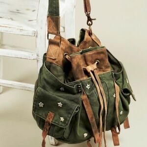 Free People Canvas Drawstring Bucket Bag with Suede Trim